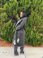 Lapel Neck Holes Denim Long Coat MTY-6888