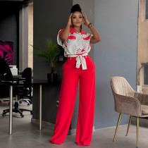 Lapel Short Sleeve Shirt Tie Up Loose Pants Suit GCNE-6883
