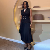 Suit Collar Vest Top Pleated Half Body Skirt Set GCNE-7349