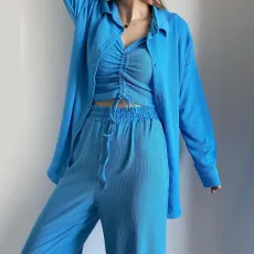 Long Sleeve Solid Color Loose Three Piece Pants Set GCNE-6100