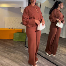 Solid Color Long Sleeve Wide Leg Pants Suit GCNE-6993