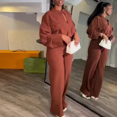 Solid Color Long Sleeve Wide Leg Pants Suit GCNE-6993