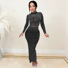 Hot Drill Long Sleeve Two Piece Skirt Set BY-7093