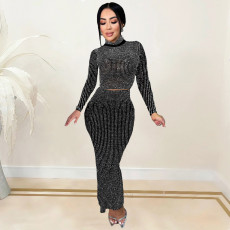 Hot Drill Long Sleeve Two Piece Skirt Set BY-7093