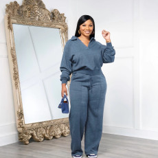 Solid Lapel V Neck Sport Sweatshirt Two Piece Pants Set SFY-599
