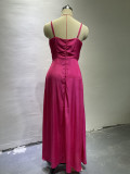 Sling V Neck Ruffles Irregular Split Maxi Dress GCNE-8652