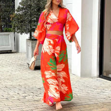 Print V Neck Lantern Sleeve Shirt Pants Loose Suit GCNE-8668