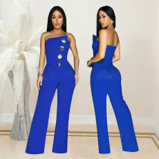 Sleeveless Buttoned Solid Color Jumpsuit BY-7105