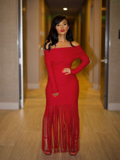 One Shoulder Long Sleeve Tassel Maxi Dress SFY-604