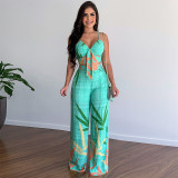 Print V Neck Vest And Wide Leg Pants 2 Piece Set GCNE-8505