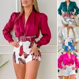 V Neck Color Block Print Two Piece Shorts Set(With Belt) GCNE-8265