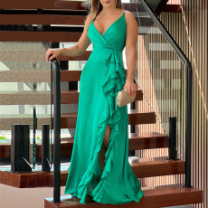 Sling V Neck Ruffles Irregular Split Maxi Dress GCNE-8652