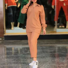 Solid Lapel Long Sleeve Shirt And Pants 2 Piece Set GCNE-3239