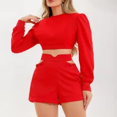 Solid Long Sleeve Crop Top And Hollow Out Short Suit GCNE-3080
