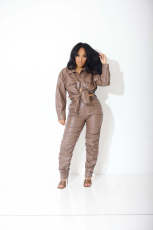 Long Sleeve Solid Color PU Leather Two Piece Pants Set OLYF-6162