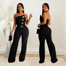 Sleeveless Buttoned Solid Color Jumpsuit BY-7105