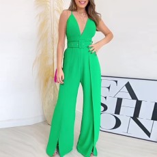 Solid Color V Neck Sling Loose Jumpsuit(Without Belt) GCNE-3079
