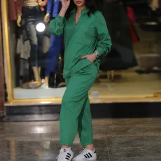 Solid Lapel Long Sleeve Shirt And Pants 2 Piece Set GCNE-3239