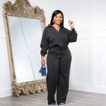 Solid Lapel V Neck Sport Sweatshirt Two Piece Pants Set SFY-599