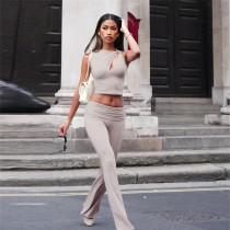 Solid Color Sleeveless Crop Tops Pants Suit XEF-54664S
