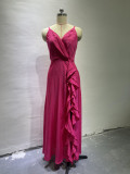 Sling V Neck Ruffles Irregular Split Maxi Dress GCNE-8652