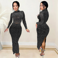 Hot Drill Long Sleeve Two Piece Skirt Set BY-7093