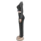 Hot Drill Long Sleeve Two Piece Skirt Set BY-7093