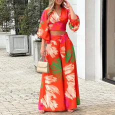 Print V Neck Lantern Sleeve Shirt Pants Loose Suit GCNE-8668