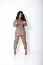 Long Sleeve Solid Color PU Leather Two Piece Pants Set OLYF-6162