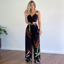 Print V Neck Vest And Wide Leg Pants 2 Piece Set GCNE-8505