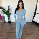 Solid Color Zipper Hooded Two Piece Pants Set XEF-54998