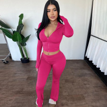Solid Color Zipper Hooded Two Piece Pants Set XEF-54998