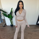 Solid Color Zipper Hooded Two Piece Pants Set XEF-54998