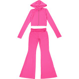 Solid Color Zipper Hooded Two Piece Pants Set XEF-54998