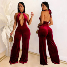 Solid Color Deep V Neck Backless Jumpsuit BY-7101