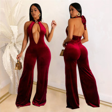 Solid Color Deep V Neck Backless Jumpsuit BY-7101