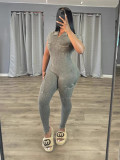Short Sleeve Zipper Slim Jumpsuit GYZY-8936