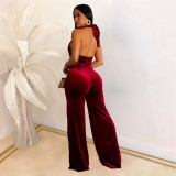 Solid Color Deep V Neck Backless Jumpsuit BY-7101