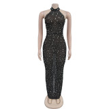 Hot Drill Hang Neck Backless Maxi Dress BY-7108