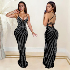 Sexy Sling Hot Drill Backless Maxi Dress BY-7099