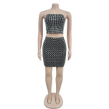 Sexy Sling Hot Drill Tops And Skirt Two Piece Set BY-7123