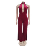 Solid Color Deep V Neck Backless Jumpsuit BY-7101