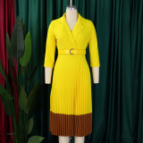 Plus Size Blazer Collar Press Pleated Midi Dress GATE-538