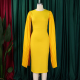 Plus Size Solid Round Neck Pleated Shawl Evening Dress GMLF-3303