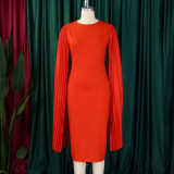 Plus Size Solid Round Neck Pleated Shawl Evening Dress GMLF-3303