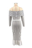 Stripe Print Off Shoulder Two Piece Skirt Set XHXF-8711