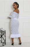 Stripe Print Off Shoulder Two Piece Skirt Set XHXF-8711