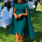 Plus Size Solid Round Neck Pleated Shawl Evening Dress GMLF-3303