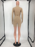 Solid Color Long Sleeve Skinny Two Piece Shorts Set SMD-2503