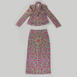 Long Sleeve Print Blazer Two Piece Skirt Set NY-10907